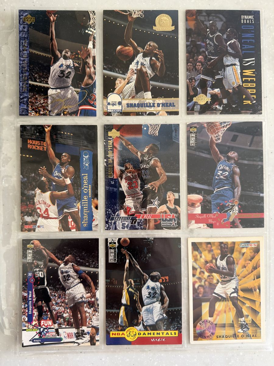 Orlando Magic card lot binder page with Shaquille O'Neal inserts