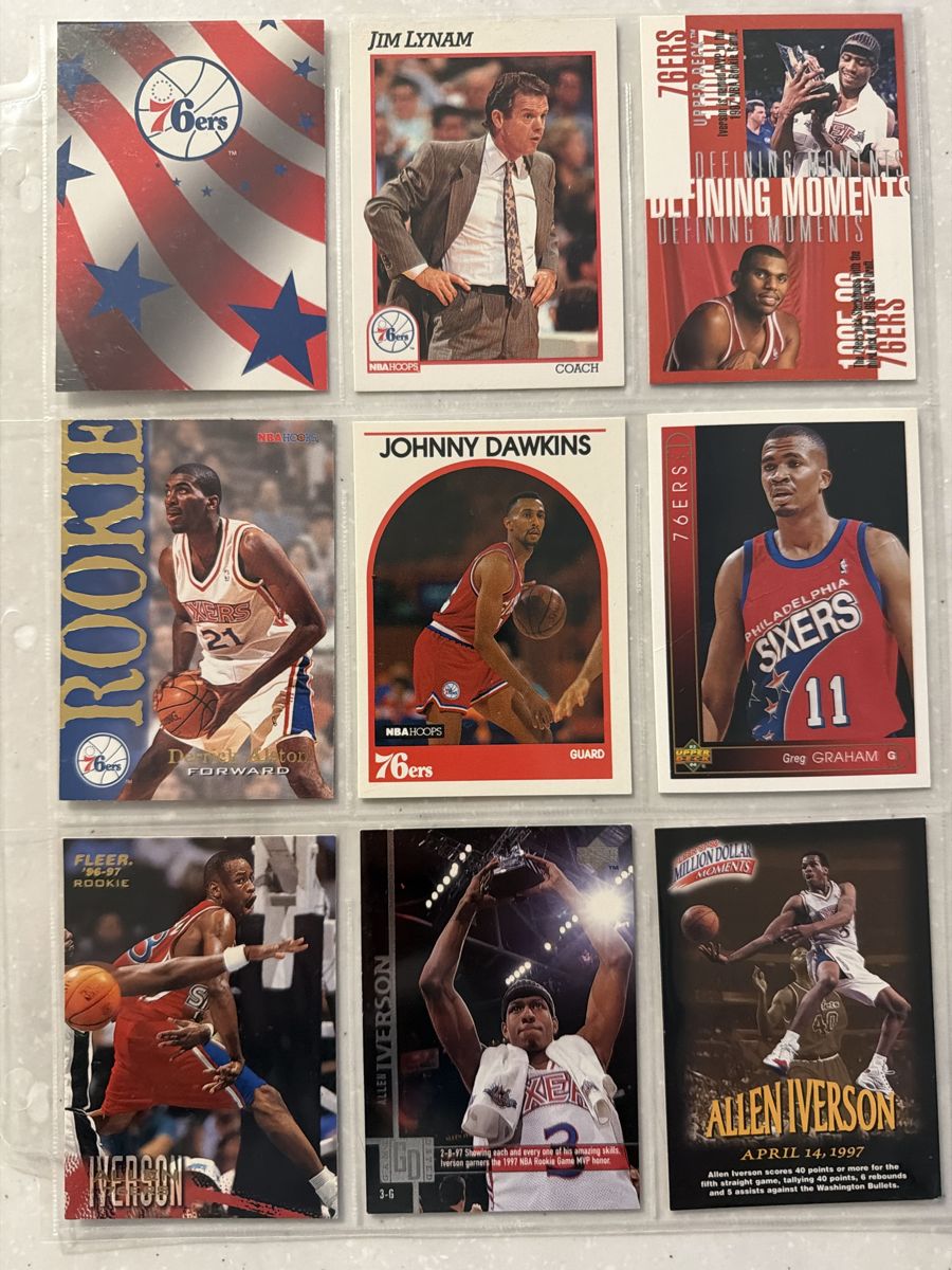 Philadelphia 76ers card lot binder page with Allen Iverson Fleer rookie