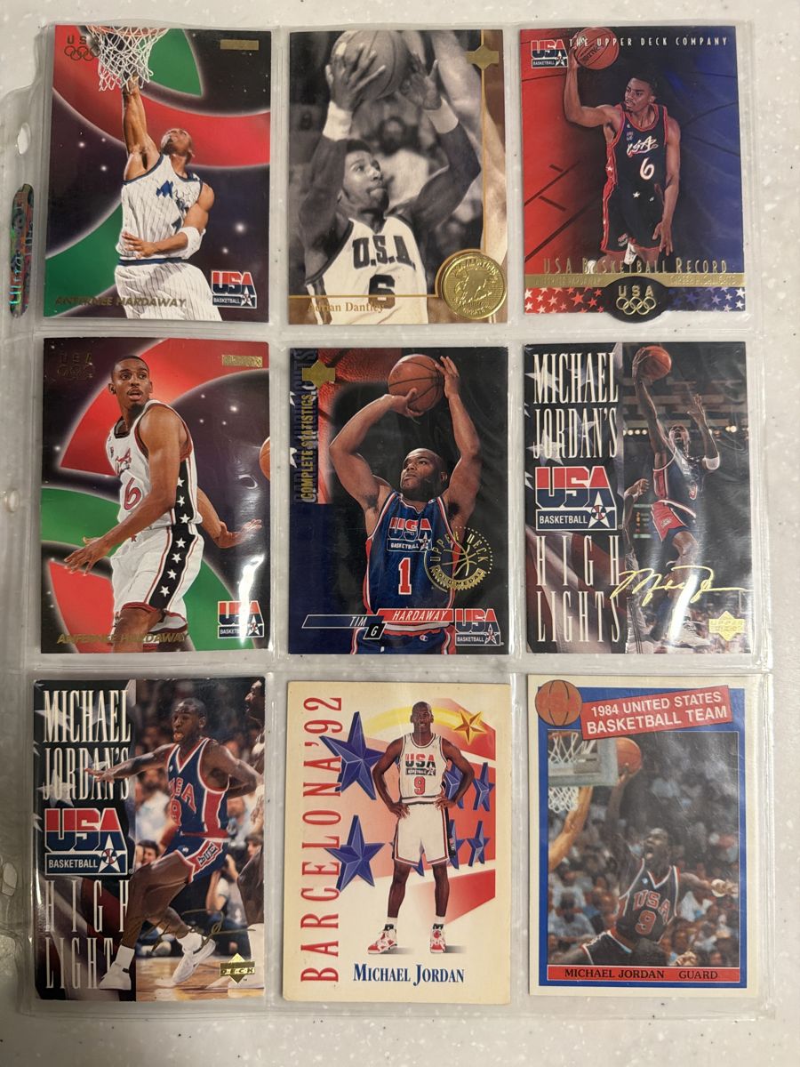 Team USA basketball card lot binder page with Michael Jordan Barcelona cards