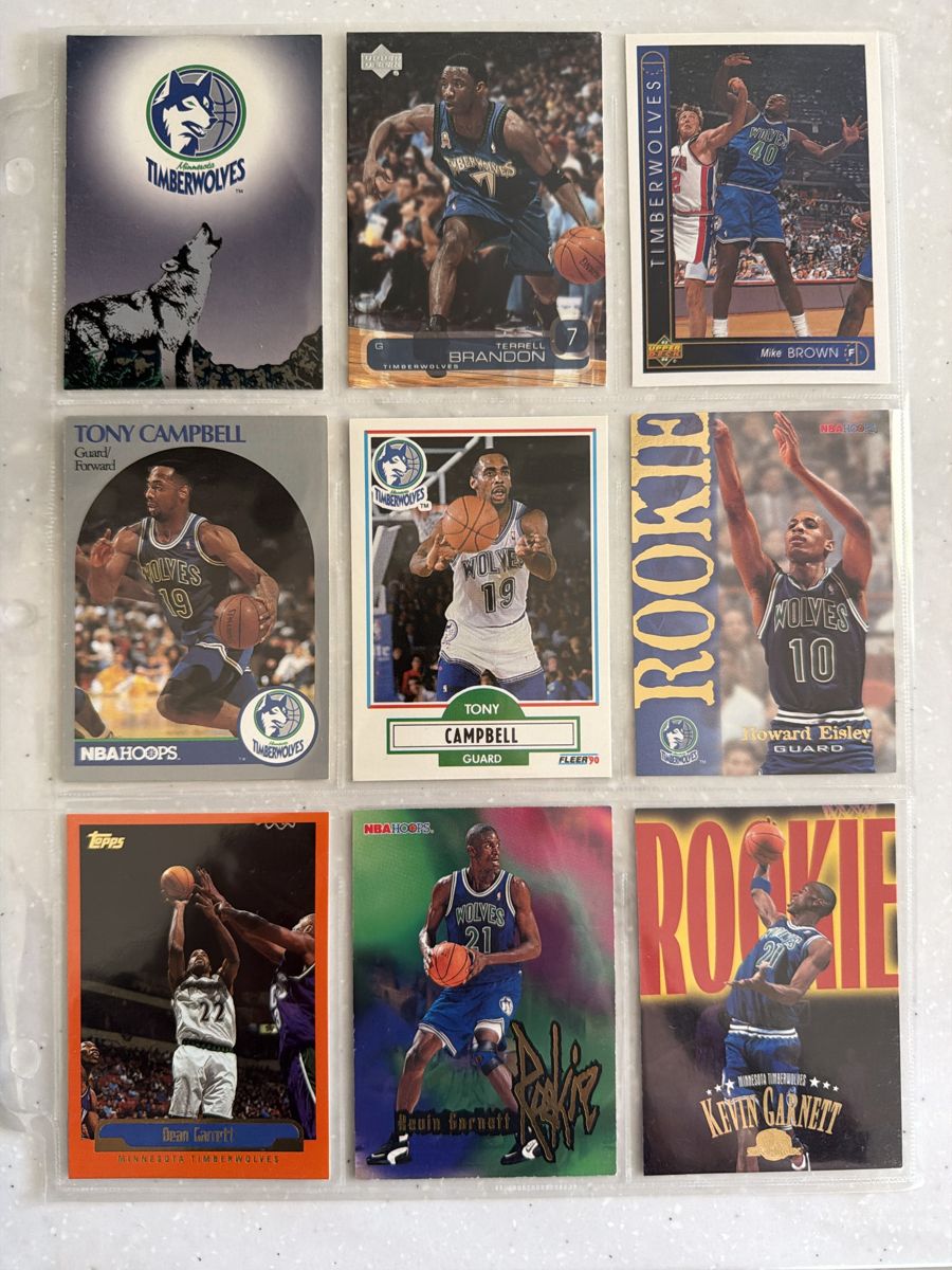 Minnesota Timberwolves card lot binder page with Kevin Garnett rookies